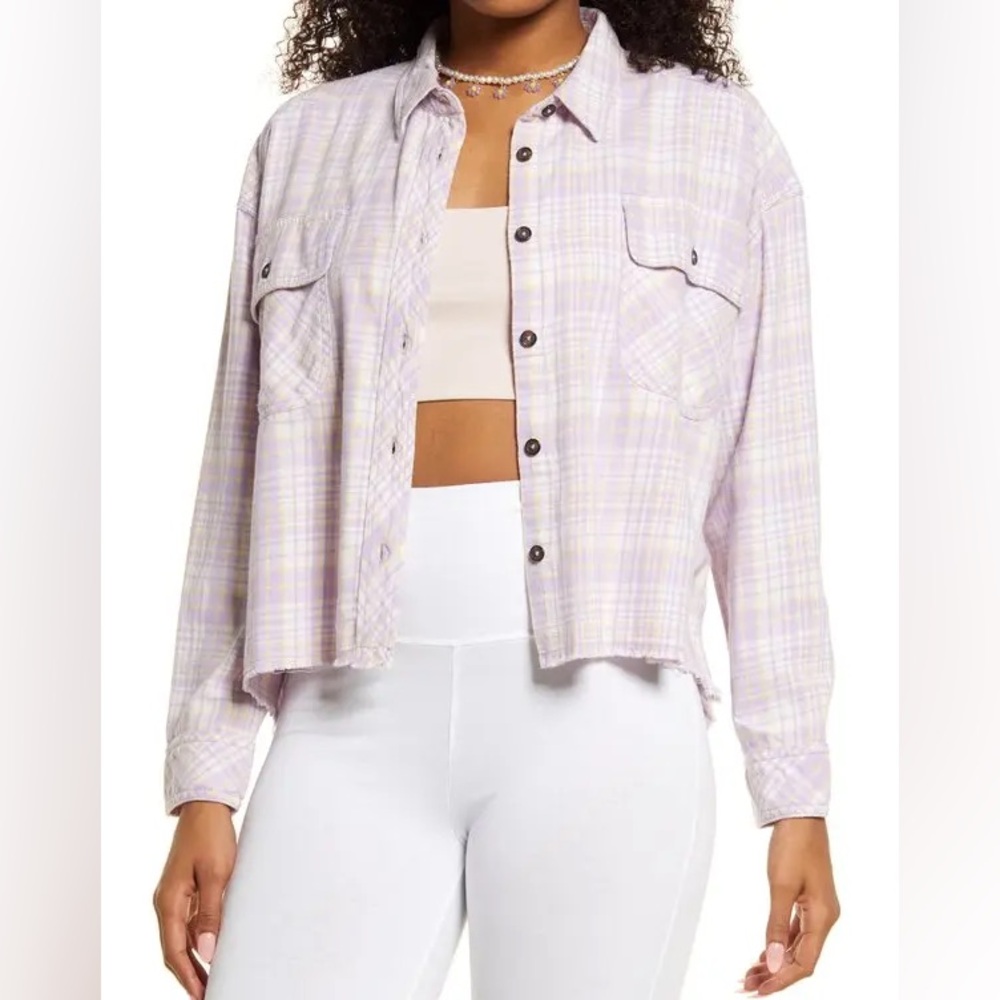 BP. Purple Plaid frayed hem shirt